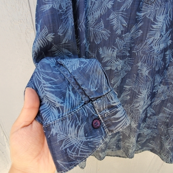Cloth&Stone Leaf Print Chambray Denim Long Sleeve Button Down Boho Dress M - Picture 5 of 8